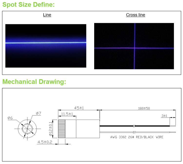 D12x45mm enfocable 405nm 1mW-- - Industrial Blue Laser reseña y precio